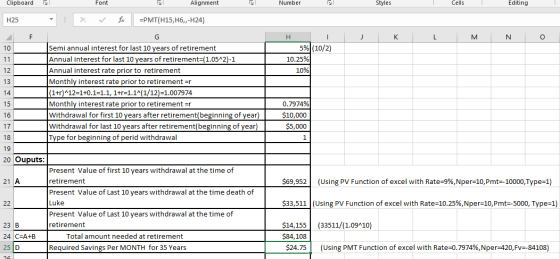 Clipboard S Font Alignment Number Styles 1 Cells Editing H25 - x fc =PMT(H15, H6,-H24) F J K L M N O H I 5% (10/2) 10.25% 10%