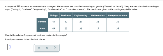 A sample of 349 students at a university is surveyed. The students are classified according to gender (female or male). T