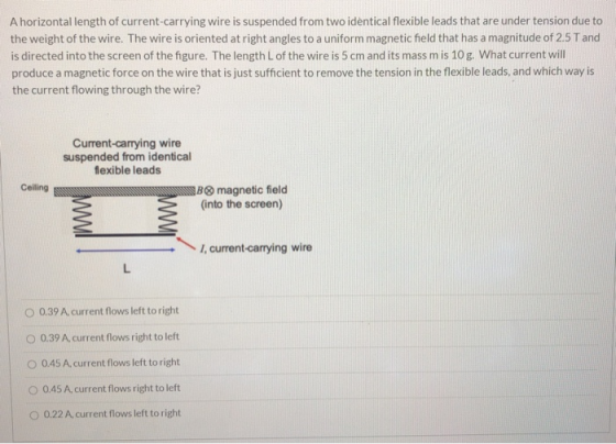 A horizontal length of current-carrying wire is suspended from two identical flexible leads that are under tension due to the