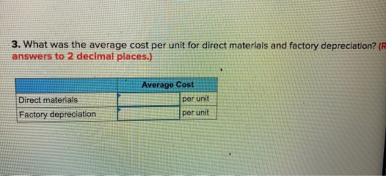 3. What was the average cost per unit for direct materials and factory depreciation? (R answers to 2 decimal places.) Average