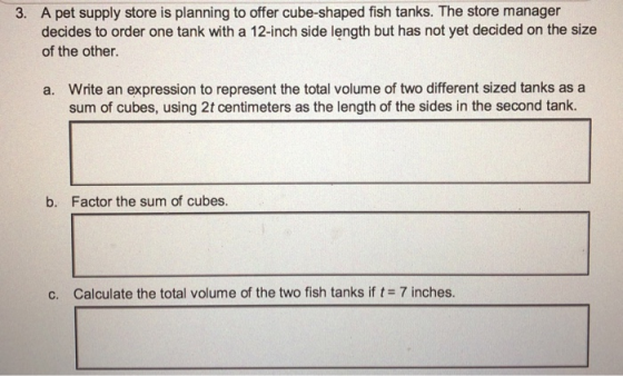 3. A pet supply store is planning to offer cube-shaped fish tanks. The store manager decides to order one tank with a 12-inch