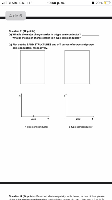 CLARO P.R. LTE 10:40 p. m. 29% 0 4 de 6 Question 7. (12 points) (a) What is the major charge carrier in p-type semiconductor?