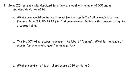 2. Some IQ tests are standardized to a Normal model with a mean of 100 and a standard deviation of 16. a. What score would be