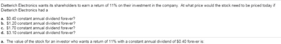 Dietterich Electronics wants its shareholders to earn a return of 11% on their investment in the company. At what price would