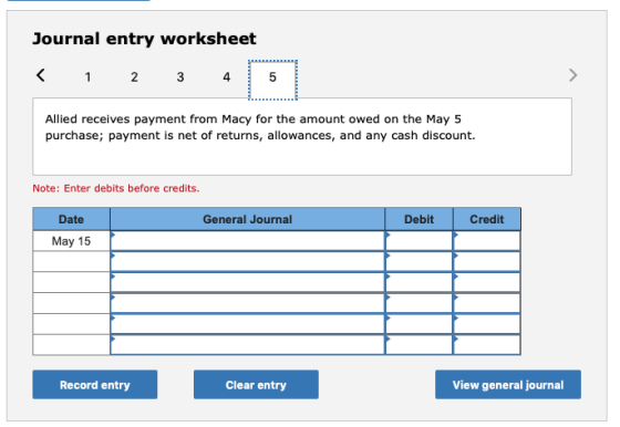 Journal entry worksheet < 1 2 3 4 5 Allied receives payment from Macy for the amount owed on the May 5 purchase; payment is n