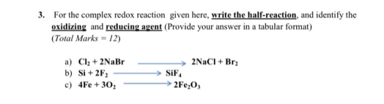 3. For the complex redox reaction given here, write the half-reaction, and identify the oxidizing and reducing agent (Provide