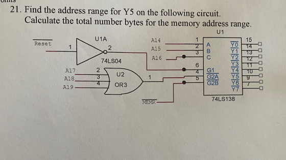 JILIW 21. Find the address range for Y5 on the following circuit. Calculate the total number bytes for the memory address ran