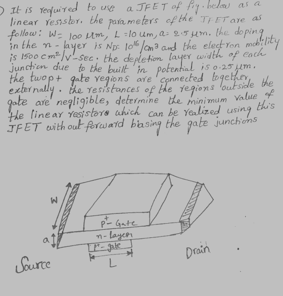 ) It is required to use a JFET of fig. below as a linear resistor. the para meters of the JHET are as follow: W=, 100 Nm, L=1