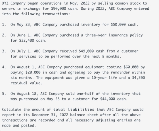 XYZ Company began operations in May, 2022 by selling common stock to owners in exchange for $90,000 cash. During 2022, ABC Co