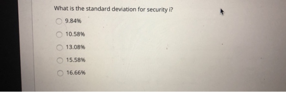 What is the standard deviation for security i? o 9.84% 0 10.58% O 13.0896 O 15.58% 0 16.66%