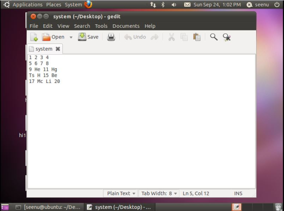 Applications Places System 8 빼) 圆Sun Sep 24, 1:02 PM aseenu。 esystem (-/Desktop) -gedit File Edit View Search Tools Documents
