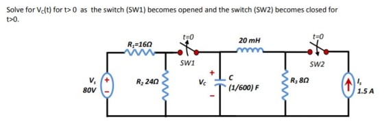 Solve for Vc(t) for t> 0 as the switch (SW1) becomes opened and the switch (SW2) becomes closed for t>O. t=0 20 mH t=0 R2=160
