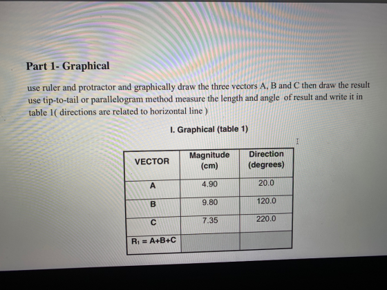 Part 1- Graphical use ruler and protractor and graphically draw the three vectors A, B and C then draw the result use tip-to-