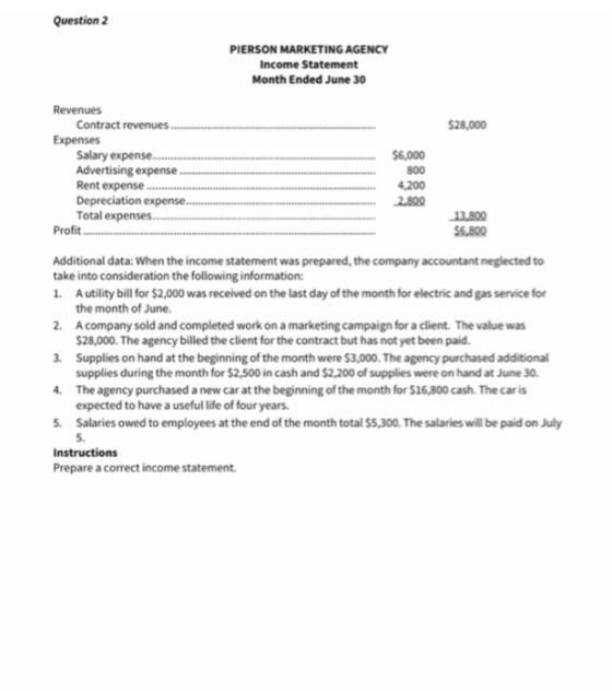 Question 2 PIERSON MARKETING AGENCY Income Statement Month Ended June 30 $28,000 Revenues Contract revenues. Expenses Salary