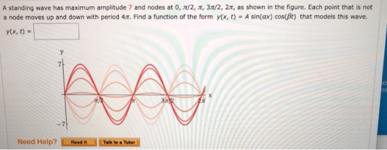 A standing wave has maximum amplitude 7 and nodes at 0, /2, a, 31/2, 2T, as shown in the figure. Each point that is not a nod