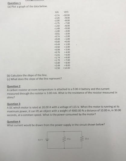 Question 1 (a) Plot a graph of the data below. I(A) V -274 -10.00 2.25 -9.00 200-8.00 150-6.00 -149-5.00 -100 -4.00 0.51 -3.0