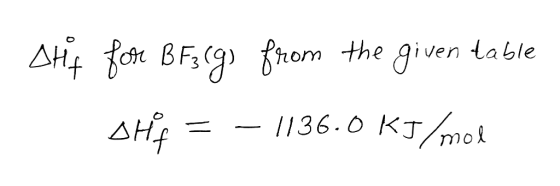Aty for BF3(g) from the given table ship = – 1136.0 KJ/mol
