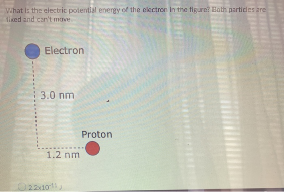 What is the electric potential energy of the electron in the figure? Both particles are fixed and cant move. Electron 3.0 nm