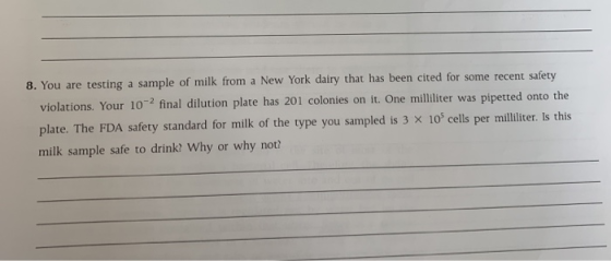 8. You are testing a sample of milk from a New York dairy that has been cited for some recent safety violations. Your 10-2 fi