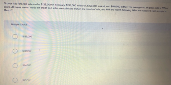 Grover has forecast sales to be $125,000 in February, $135,000 in March, $150,000 in April, and $140,000 in May. The average