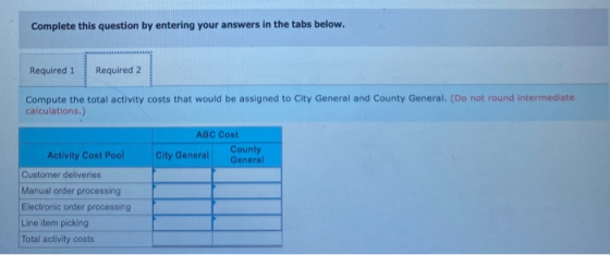 Complete this question by entering your answers in the tabs below. Required 1 Required 2 Compute the total activity costs tha