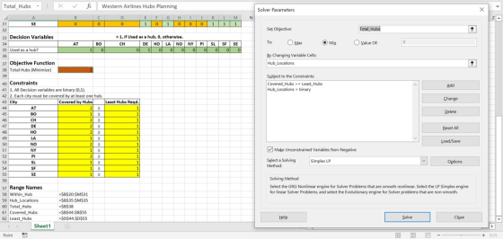 X f r Total_Hubs - A Solver Parameters B 0 Western Airlines Hubs Planning C D E F G H 0 0 0 1 0 I 0 J 0 K 1 L 1 M 1 SE Set Ob