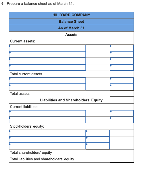 6. Prepare a balance sheet as of March 31. HILLYARD COMPANY Balance Sheet As of March 31 Assets Current assets: Total current