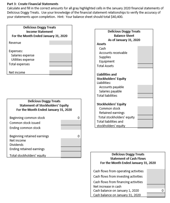 Part 3: Create Financial Statements Calculate and fill in the correct amounts for all gray highlighted cells in the January 2