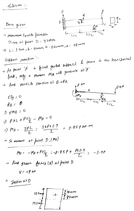 support reaction - solution an - d at0000 a Deura giren AB b ke 112 12 L12 > maximum tensile frimciple sk Strees at point D =