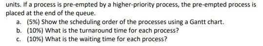 units. If a process is pre-empted by a higher-priority process, the pre-empted process is placed at the end of the queue. a.