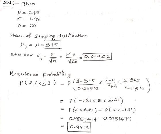 Sol:- given ll= 2-45 1.93 6 = n= 60 Mean of sampling distribution ll. el=(2.45 stod der 5.- 1-93 V Go Oo 249162 un Requiered