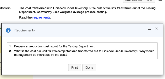 VOIT TIN urts from The cost transferred into Finished Goods Inventory is the cost of the lifts transferred out of the Testing