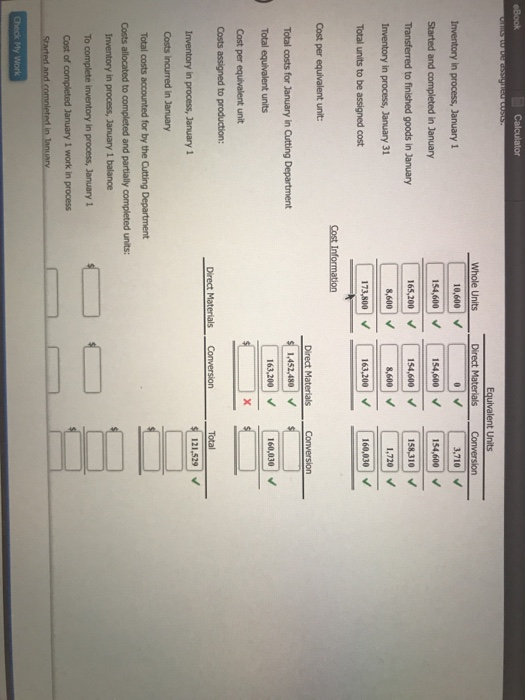 eBook Ons Calculator assigne cost Equivalent Units Direct Materials Conversion Whole Units Inventory in process, January 1 10