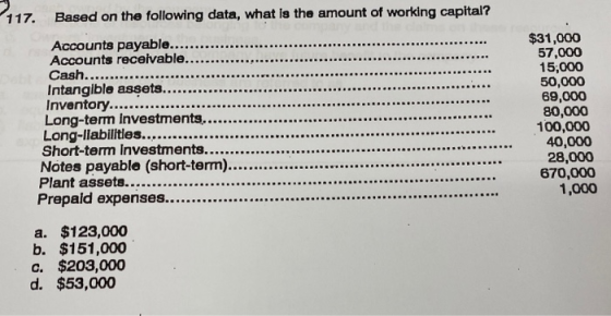 117. Based on the following data, what is the amount of working capital? Accounts payable..... Accounts receivable..........