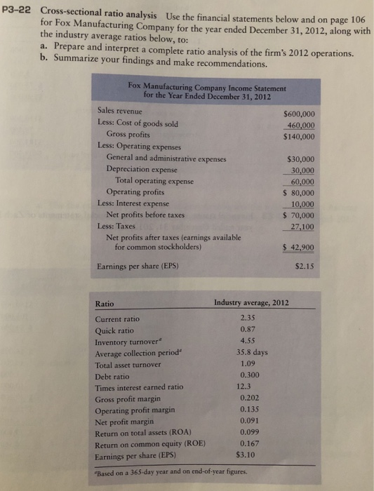 Cross-sectional ratio analysis Use the financial statements below and on page 106 for Fox Manufacturing Company for the year