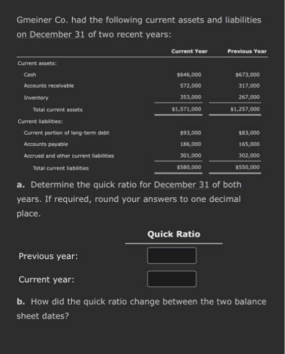 Current Year Gmeiner Co. had the following current assets and liabilities on December 31 of two recent years: Previous Year C