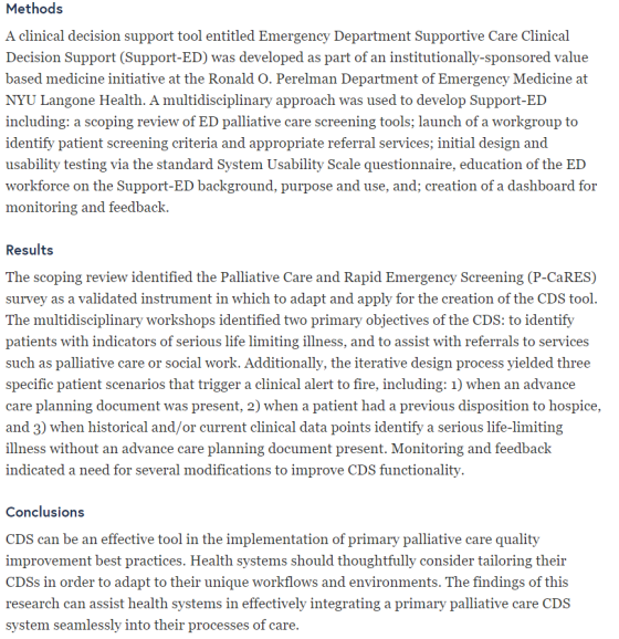 Methods A clinical decision support tool entitled Emergency Department Supportive Care Clinical Decision Support (Support-ED)