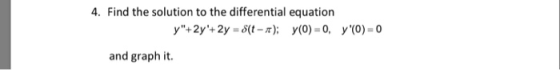 4. Find the solution to the differential equation y+2y+ 2y-S(t-) y(0) 0, y (0)-0 and graph it.