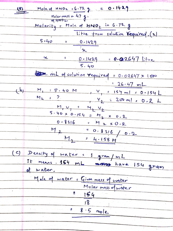 o143.9 Mole o HNO .72 q Molar mass 47 HNOL Mole of HNO, in G.7* Malarity i re from solub on Yequired(L 5340 O-1429 0.2647 ite