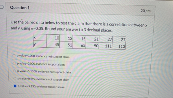 Question 1 20 pts Use the paired data below to test the claim that there is a correlation between x and y, using a=0.05. Roun