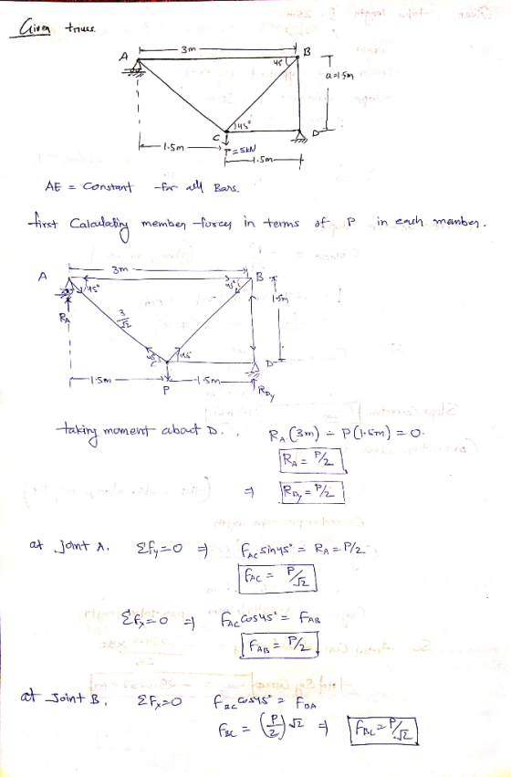 3m В Лч5° .Sm TESN .Sm AE = Constant Airst in ench mamber Caledaty member -forcey in tems af P 3m В Aus SM -lSm takin moment