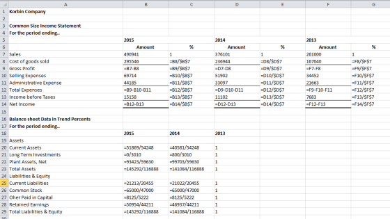 A B F i Korbin Company 3 Common Size Income Statement 4 For the period ending.. 5 7 Sales 8 Cost of goods sold 9 Gross Profit