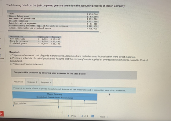 The following data from the just completed year are taken from the accounting records of Mason Company: Sales Direct labor co