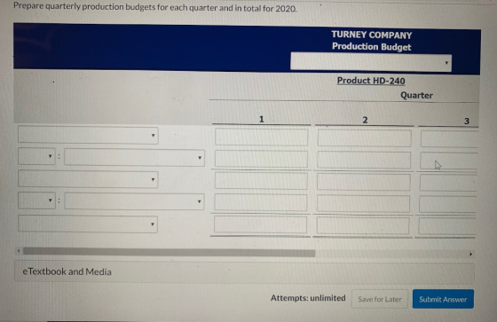 Prepare quarterly production budgets for each quarter and in total for 2020. TURNEY COMPANY Production Budget Product HD-240