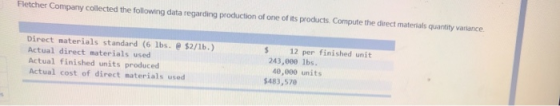 Fletcher Company collected the following data regarding production of one of its products. Compute the direct materials quant