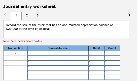 Journal entry worksheet 2 1 Record the sale of the truck that has an accumulated depreciation balance of $20,000 at the time