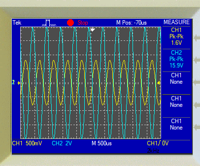 Tek han Stop M Pos: -70us MEASURE CH1 Pk-Pk 1.6V CH2 Pk-Pk 15.9V CH1 None CH1 None CH1 None CH1 500mV CH2 2V M 500us CH1/ OV