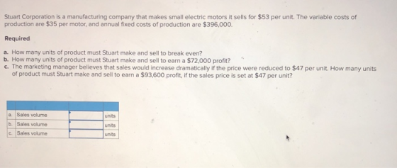 Stuart Corporation is a manufacturing company that makes small electric motors it sells for $53 per unit. The variable costs