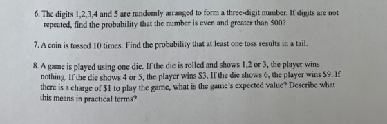 6. The digits 1,2,3,4 and 5 are randomly arranged to form a three-digit number. If digits are not repeated, find the probabil