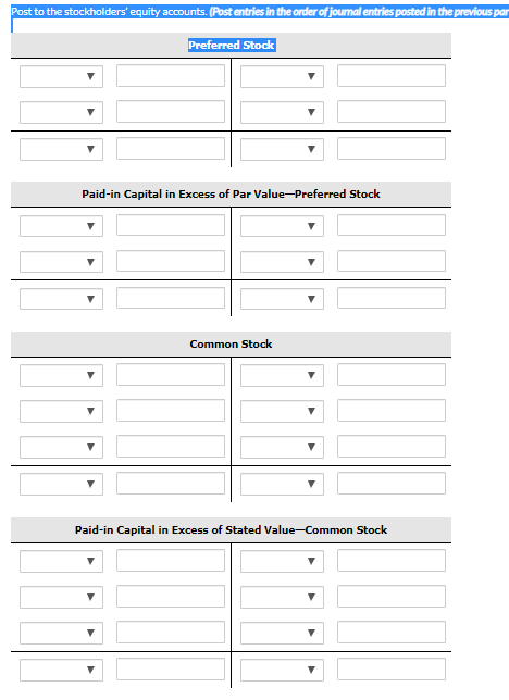 Post to the stockholders equity accounts. (Post entries in the order of journal entries posted in the previous par Preferred